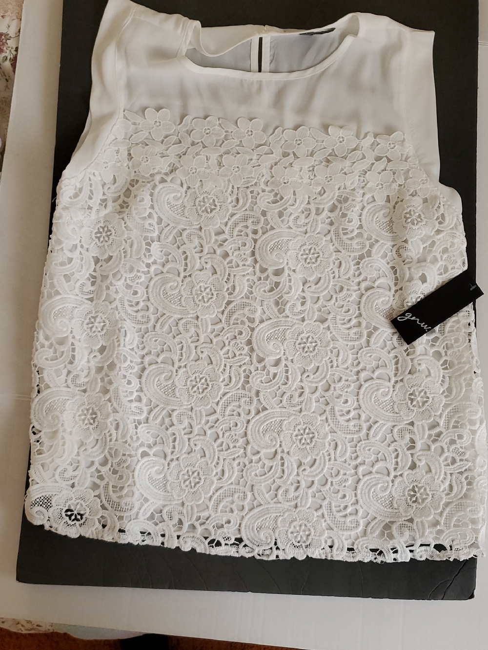 White Lace Camisole Top with Lace Overlay - Large